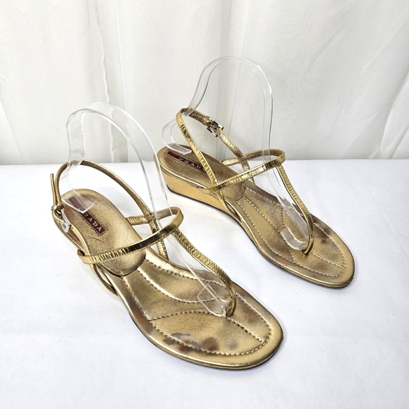 Prada Shoes - Prada Gold Leather T-Strap Wedge Sandals Size 38